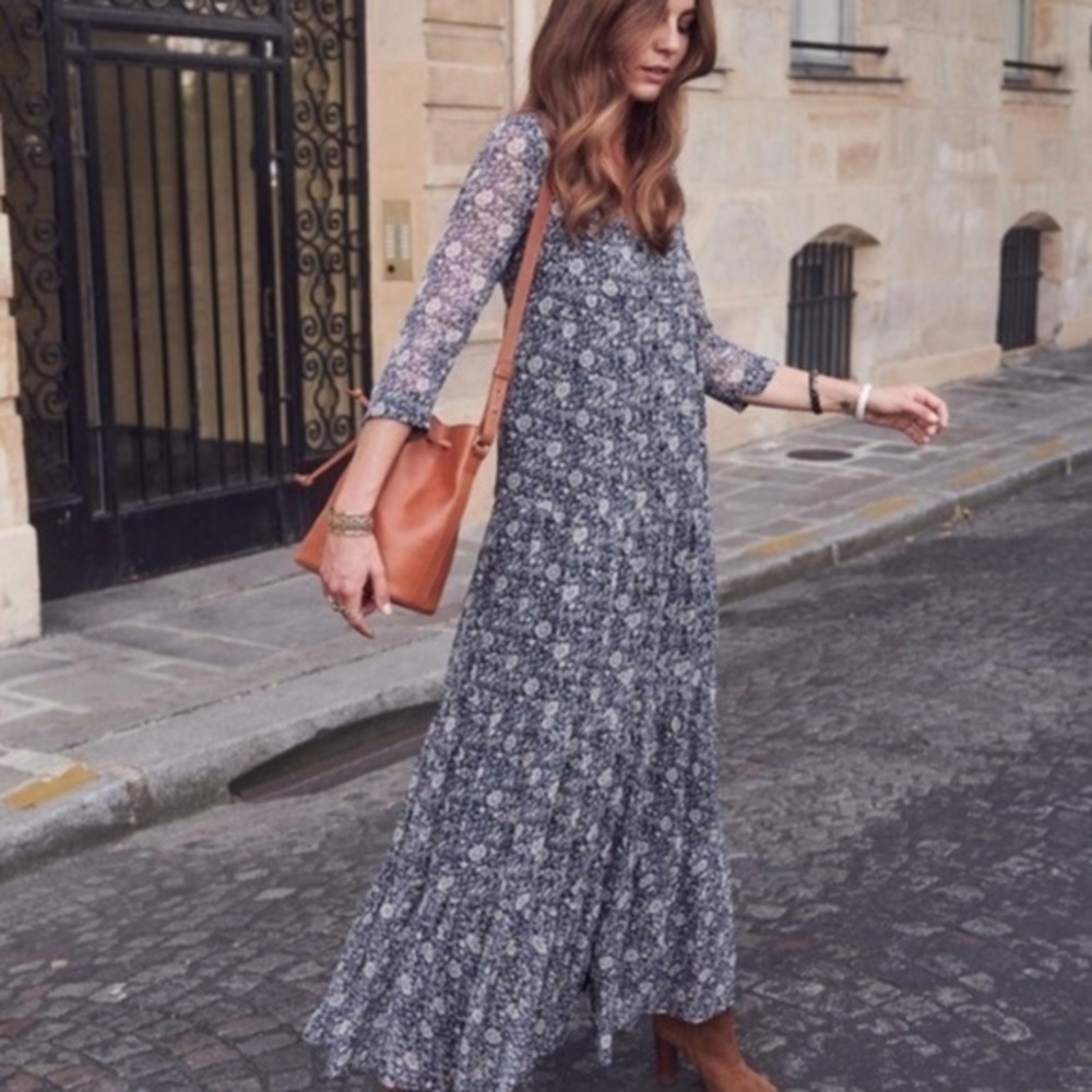 Sezane Aurelie Floral Marine Blue Maxi Dress size 34 US size 2 - Picture 4 of 8